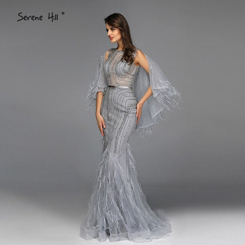 On Sale no return no refundSale Grey O-Neck Feathers Crystal Evening Dresses Dubai Design Sleeveless Luxury Sexy Evening Gowns 2025 LA70153