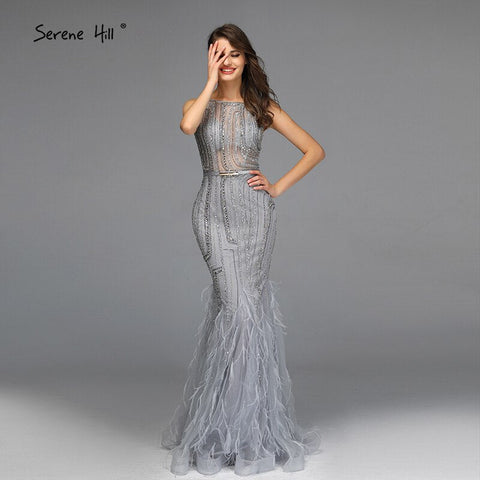 On Sale no return no refundSale Grey O-Neck Feathers Crystal Evening Dresses Dubai Design Sleeveless Luxury Sexy Evening Gowns 2025 LA70153