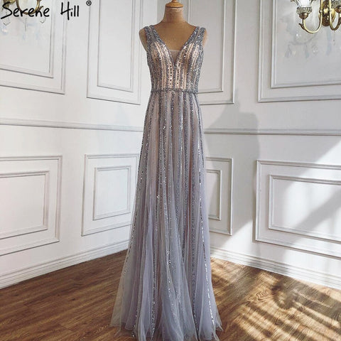 Sale Grey Sequins Beading V-Neck Sexy Evening Dresses 2025 Dubai Sleeveless A-Line Formal Dress LA70340