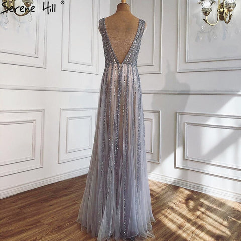 Sale Grey Sequins Beading V-Neck Sexy Evening Dresses 2025 Dubai Sleeveless A-Line Formal Dress LA70340