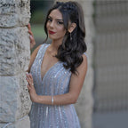 Sale Grey Sequins Beading V-Neck Sexy Evening Dresses 2025 Dubai Sleeveless A-Line Formal Dress LA70340