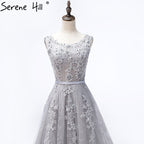 On Sale no return no refundSale Grey Sexy Backless Tulle A-Line Evening Gowns Beading Appliques Sleeveless Formal Party Dress 2025 HA2152