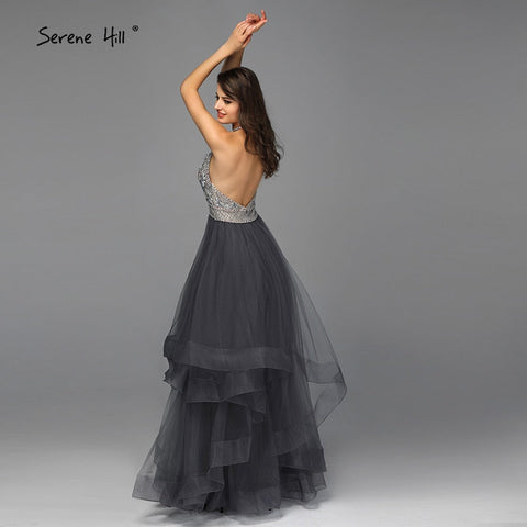 Sale Grey Sleeveless Sexy A-Line Evening Dresses Design 2025 Backless Beading Crystal Evening Gowns Real Photo LA70144