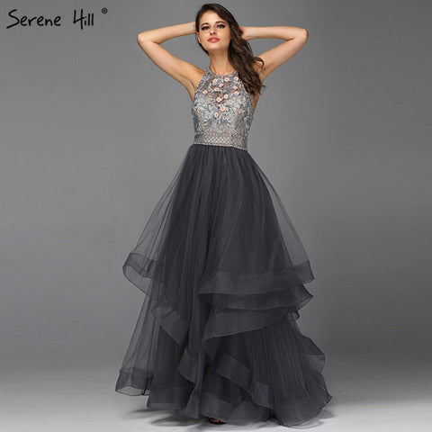 Sale Grey Sleeveless Sexy A-Line Evening Dresses Design 2025 Backless Beading Crystal Evening Gowns Real Photo LA70144