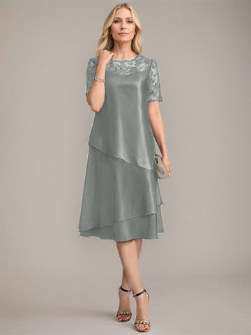 Vestido de corte A, escote redondo, largo hasta la rodilla, para la madre de la novia, con apliques y lentejuelas. 