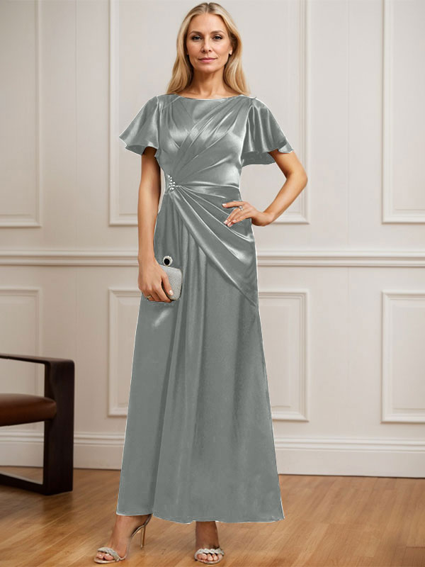 Vestido de novia corte A, escote redondo, largo hasta el tobillo, de satén elástico con plisados ​​y cuentas. 