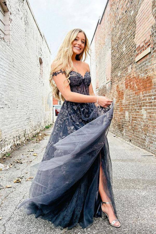 Vestidos de fiesta grises de corte A con escote corazón y apliques de encaje, vestido de noche