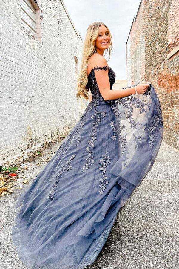 Vestidos de fiesta grises de corte A con escote corazón y apliques de encaje, vestido de noche