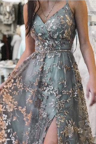 Robe de bal grise en tulle à sequins, bretelles spaghetti et fente, robe de soirée