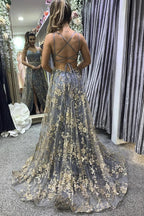 Grey Tulle Sequins Spaghetti Straps Prom Dresses With Slit, Formal Dresses