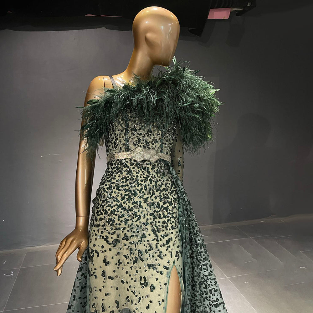 Groen Luxe A-lijn Hoge Split Avond Jurken 2025 Kralen Veer Elegant Mermaid Voor Vrouwen Party LA71570