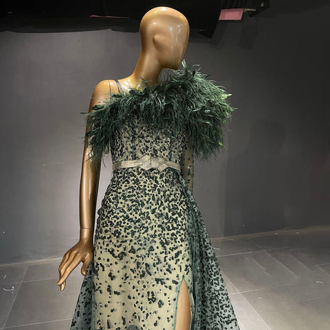 Groen Luxe A-lijn Hoge Split Avond Jurken 2025 Kralen Veer Elegant Mermaid Voor Vrouwen Party LA71570 