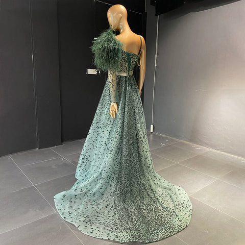 Groen Luxe A-lijn Hoge Split Avond Jurken 2025 Kralen Veer Elegant Mermaid Voor Vrouwen Party LA71570 