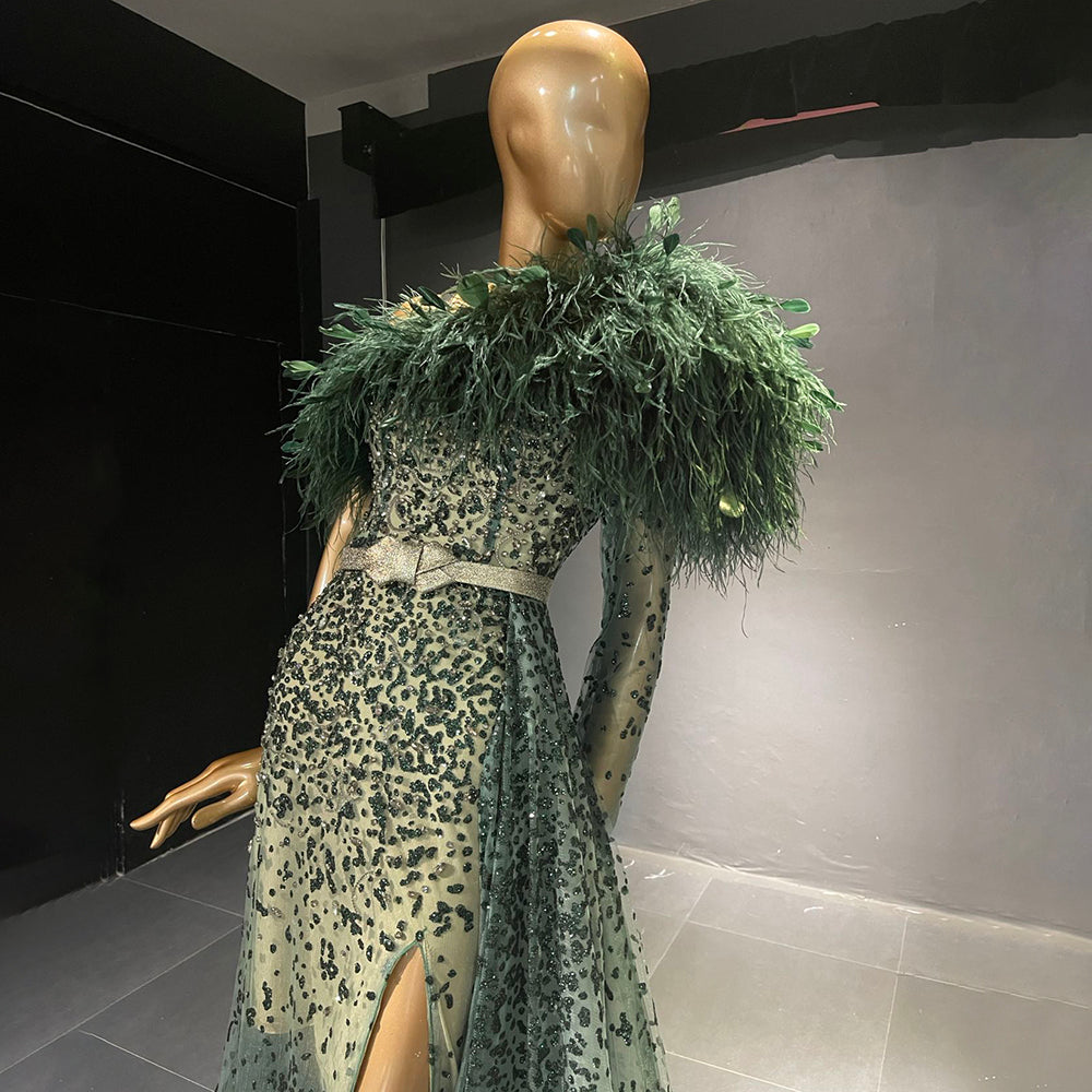 Groen Luxe A-lijn Hoge Split Avond Jurken 2025 Kralen Veer Elegant Mermaid Voor Vrouwen Party LA71570