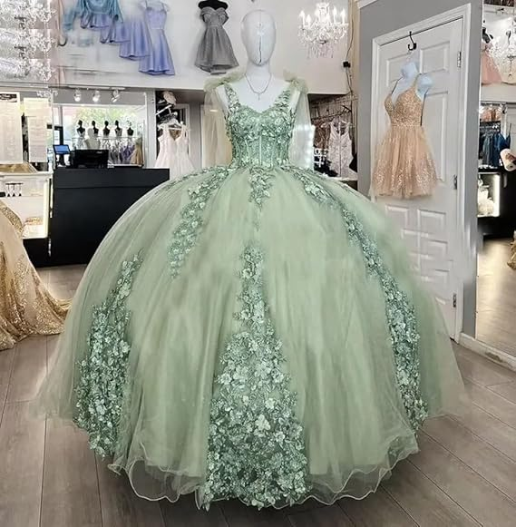 Precioso vestido de quinceañera verde salvia con corsé sexy y hombros descubiertos Y1924