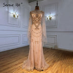 Luxury Grey Nude Cape Sleeves Evening Dresses Gowns 2025 Beaded Mermaid Elegant Sexy For Woman Party  LA71187