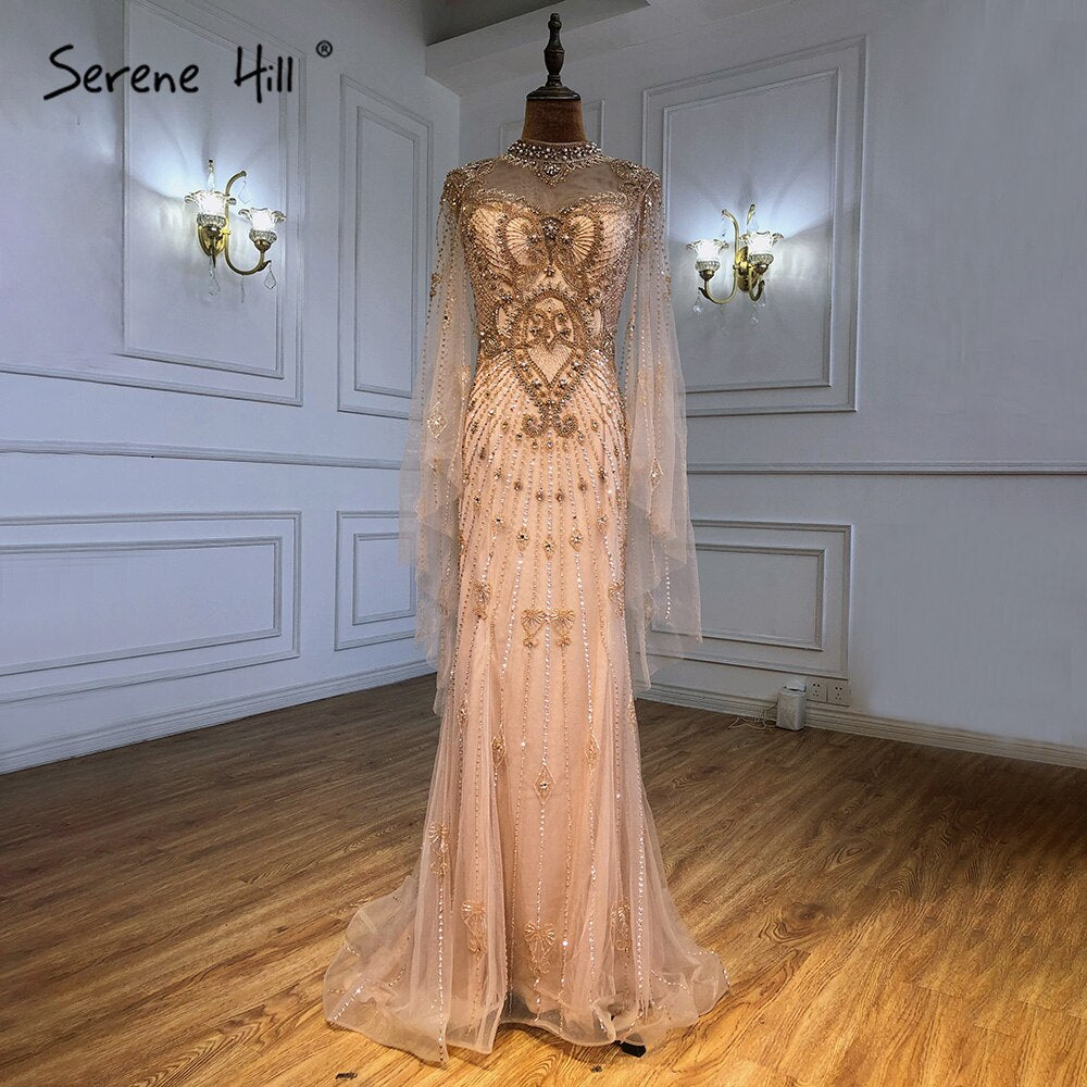 Luxury Grey Nude Cape Sleeves Evening Dresses Gowns 2025 Beaded Mermaid Elegant Sexy For Woman Party  LA71187