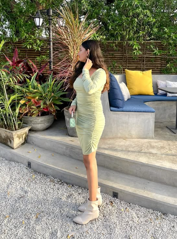 Lindo vestido corto verde salvia para baile de bienvenida con mangas largas, vestido sexy para fiesta Y1913