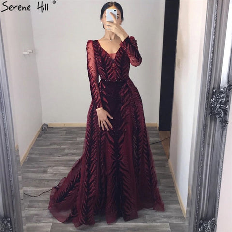 Vestido de noche de terciopelo rojo vino, mangas largas, diseño de lujo, con cuentas, vestido formal, talla grande 2025, LA60903 