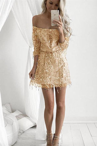 Vestidos de graduación con hombros descubiertos y manga larga con cuentas, vestidos de fiesta de bienvenida