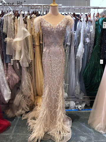 Champagne Luxury V-Neck Sexy Mermaid Evening Dresses 2025 Diamond Feathers Sleeveless Formal Dress LA70350