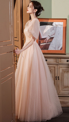 Robe de bal longue en tulle rose, coupe trapèze, robe de soirée rose Y1926