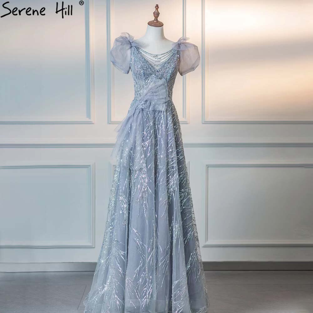 Grey Luxury Puffy Sleeves Evening Dresses Gowns 2025 Beaded A-Line For Women Party LA71474