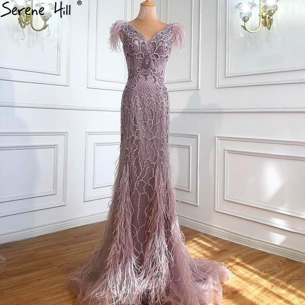 Champagne Luxury V-Neck Sexy Mermaid Evening Dresses 2025 Diamond Feathers Sleeveless Formal Dress LA70350