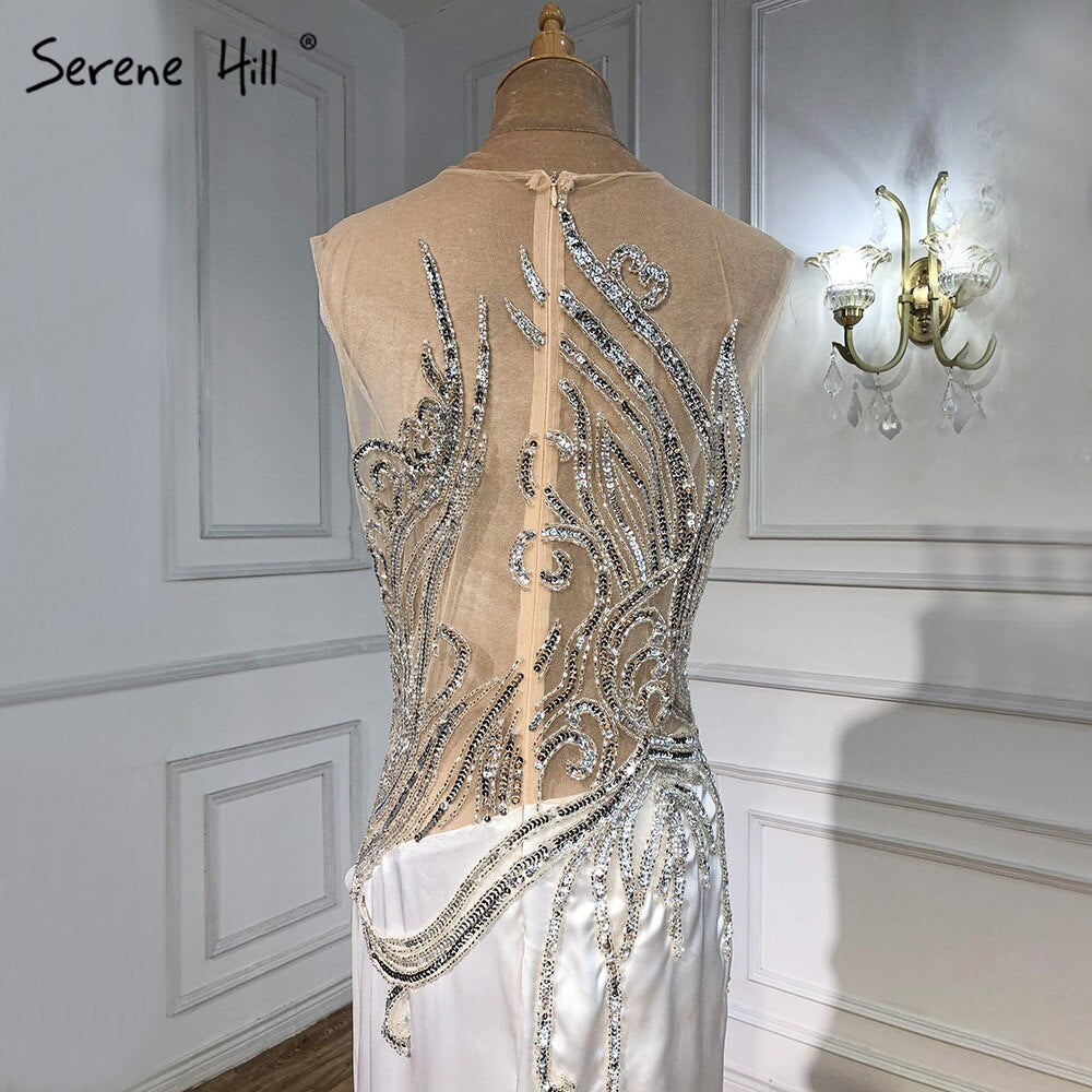 Beige Mermaid Overskirt Evening Dresses Gowns 2025 Satin Beaded Elegant For Women Party LA71199