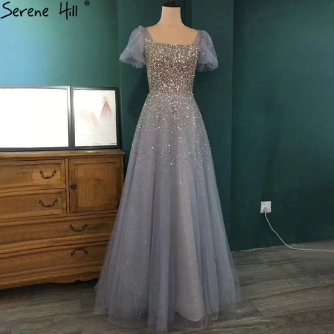 Grey A-Line Luxury Evening Dresses Gowns 2025 Short Sleeves Beaded Sexy For Women Party LA71153A