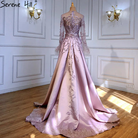 Vestidos de noche de lujo estilo sirena, con plumas y mangas largas azules, estilo sirena, colección 2025 LA60932 