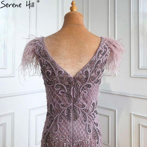 Champagne Luxury V-Neck Sexy Mermaid Evening Dresses 2025 Diamond Feathers Sleeveless Formal Dress LA70350