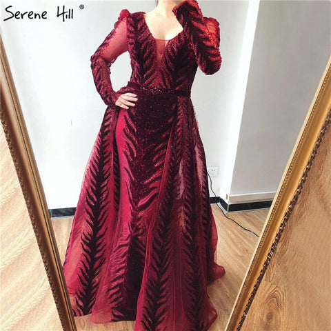 Vestido de noche de terciopelo rojo vino, mangas largas, diseño de lujo, con cuentas, vestido formal, talla grande 2025, LA60903 