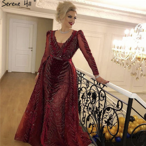 Vestido de noche de terciopelo rojo vino, mangas largas, diseño de lujo, con cuentas, vestido formal, talla grande 2025, LA60903 