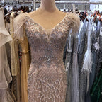 Champagne Luxury V-Neck Sexy Mermaid Evening Dresses 2025 Diamond Feathers Sleeveless Formal Dress LA70350