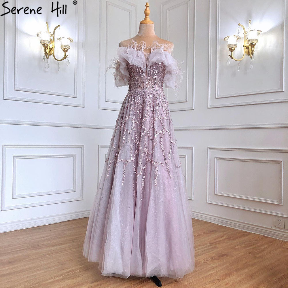 Grey A-Line Sexy Evening Dresses Gowns Beaded Feather Sparkle Formal Women Party LA71328 Featured