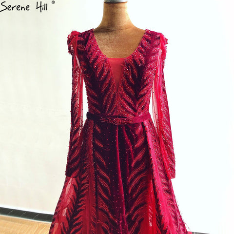 Vestido de noche de terciopelo rojo vino, mangas largas, diseño de lujo, con cuentas, vestido formal, talla grande 2025, LA60903 