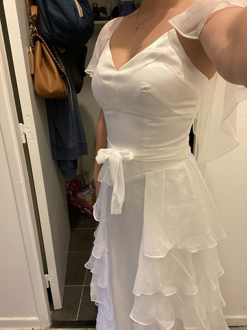 Elegante vestido de noche largo blanco con volantes y escote en V, modelo Y5354