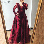 Velvet Wine Red Evening Dresses Long Sleeves Luxury Design Beading  Formal Dress 2025 Plus Size LA60903