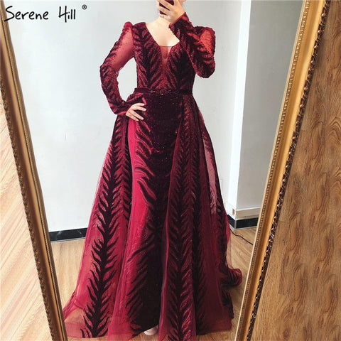 Vestido de noche de terciopelo rojo vino, mangas largas, diseño de lujo, con cuentas, vestido formal, talla grande 2025, LA60903 