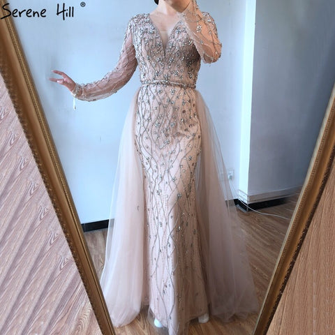 Dubai Luxury Grey With DetachableTrain Evening Dresses 2025 Long Diamond Mermaid Beading Formal Dress LA70341