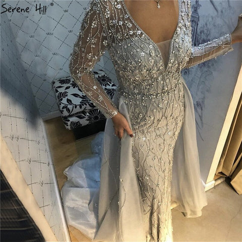 Dubai Luxury Grey With DetachableTrain Evening Dresses 2025 Long Diamond Mermaid Beading Formal Dress LA70341