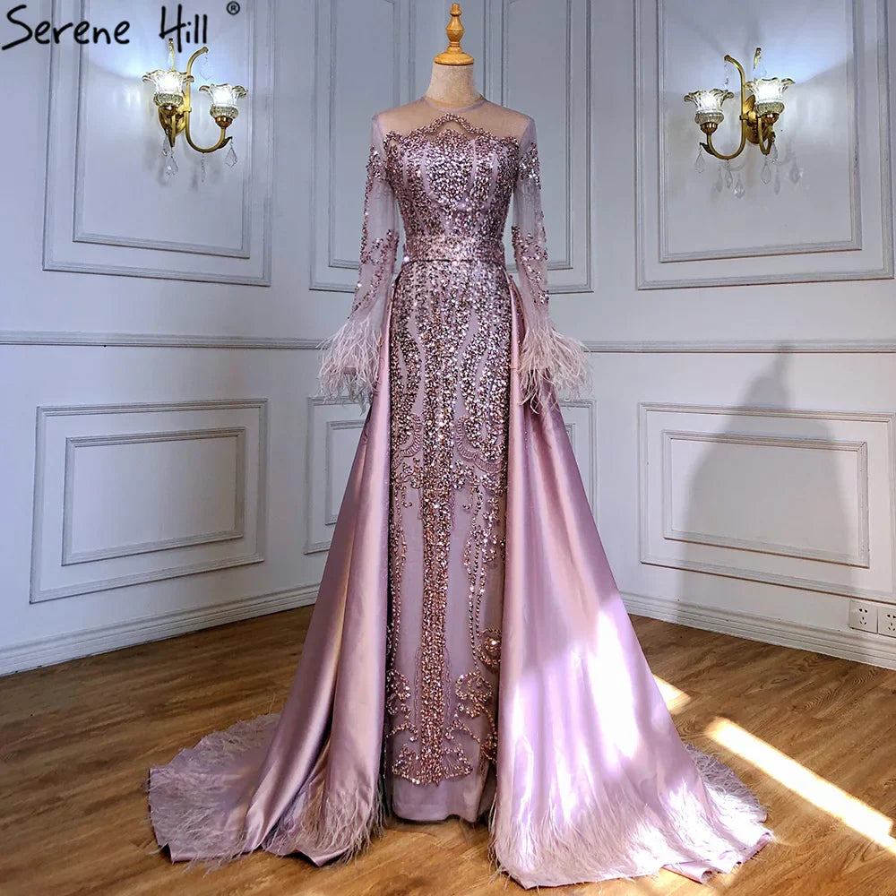 Blue  Long Sleeve Feathers beaded Evening Dresses Dubai Mermaid Luxury Evening Gowns 2025 LA60932