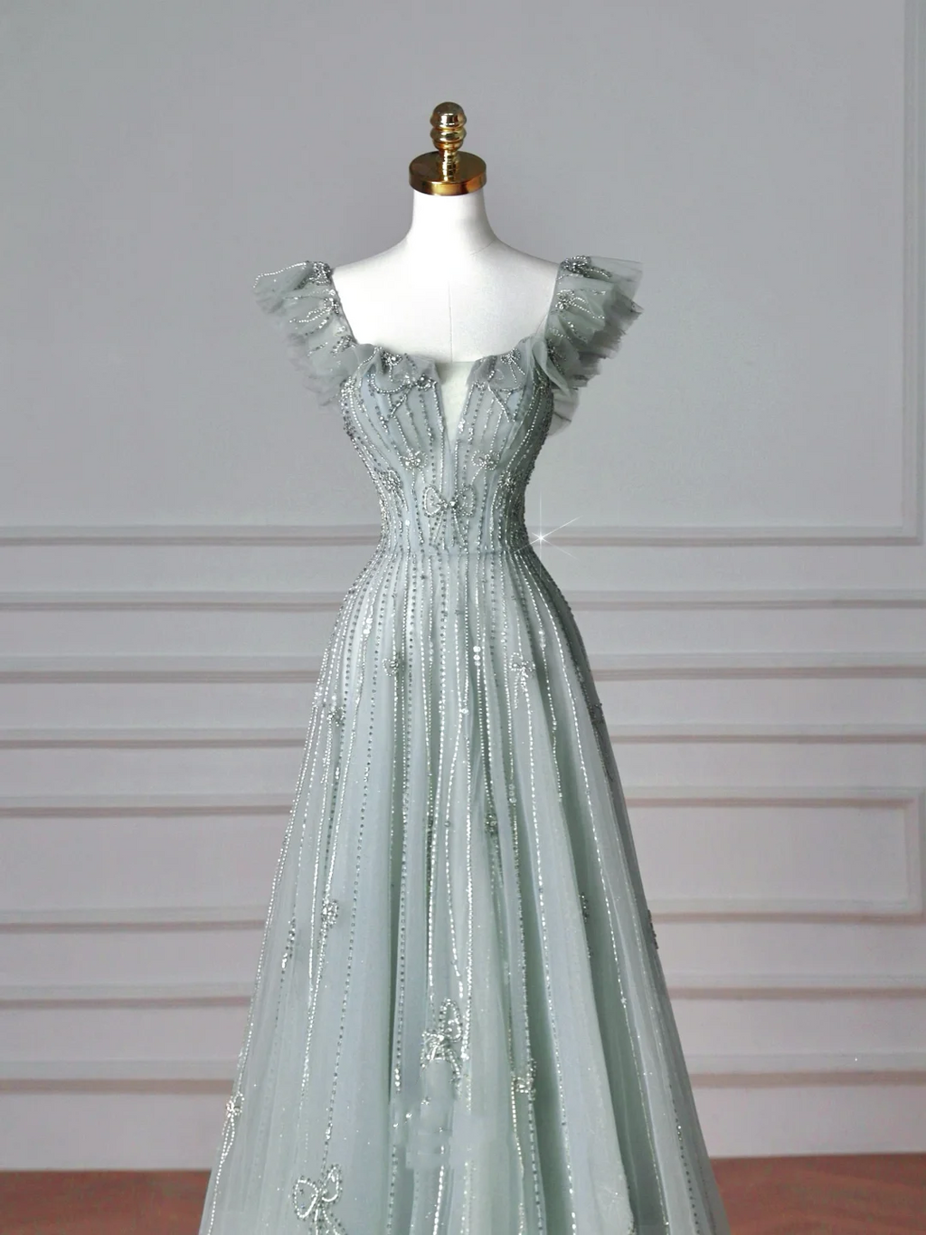 Pretty Light Green Square Neck Tulle Beaded Prom Dress A Line Evening Dress Y8612