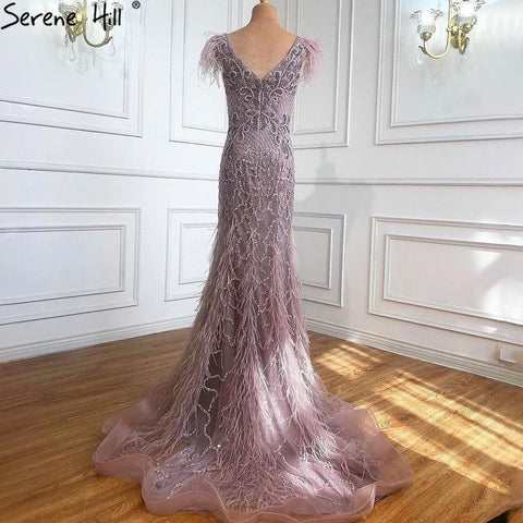 Champagne Luxury V-Neck Sexy Mermaid Evening Dresses 2025 Diamond Feathers Sleeveless Formal Dress LA70350