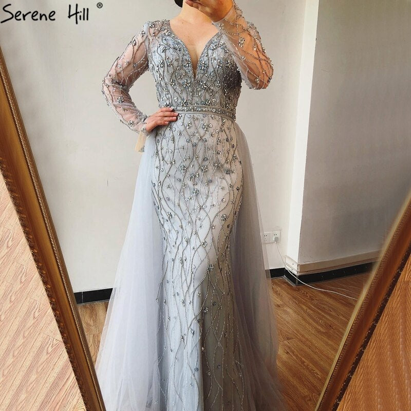 Dubai Luxury Grey With DetachableTrain Evening Dresses 2025 Long Diamond Mermaid Beading Formal Dress LA70341