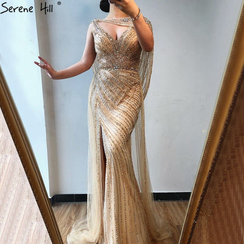 Luxus Champagner Sexy Split Abendkleider 2025 Diamant Sleeveless Meerjungfrau Formale Kleid Ruhigen Hill LA70301