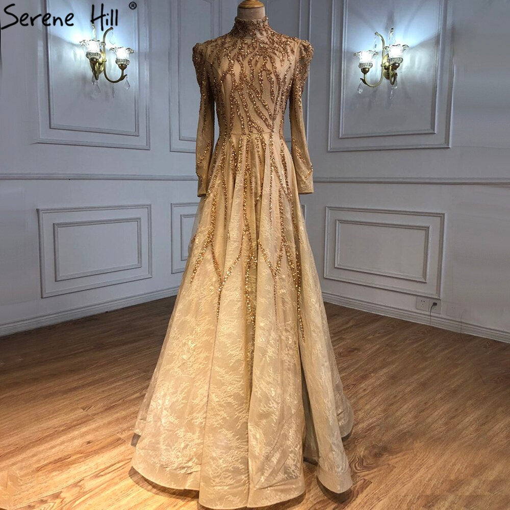 Muslim Gold Sparkle  Ankle Length  Beading  Evening Dresses Gowns 2025  A-Line For Women Party LA70996
