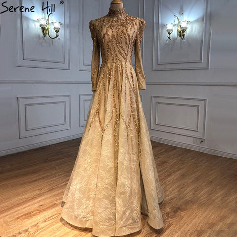 Muslim Gold Sparkle  Ankle Length  Beading  Evening Dresses Gowns 2025  A-Line For Women Party LA70996