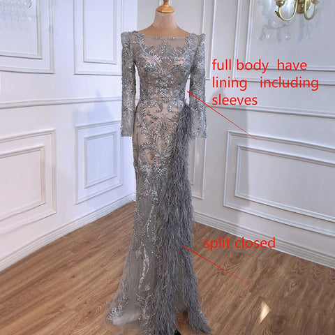 Grey Mermaid Split Luxury Evening Dresses Gowns 2025 Elegant Beadings Feathers Formal Women Party LA70828
